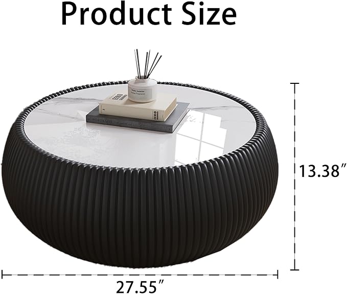 27.55" Round Coffee Table with Marble Top PU Leather Coffee Table Fluted Drum Center Tables Circle Cocktail Tea Table for Living Room Apartment No Assembly Black
