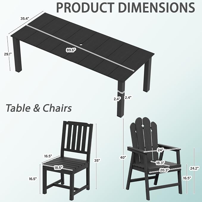 11 Piece Outdoor Dining Set for 10, Patio Table, Chairs Set, Black | 89.4” table,10 person HDPE outdoor dining set, 304 stainless steel, weather resistant up to 10 years for large gatherings