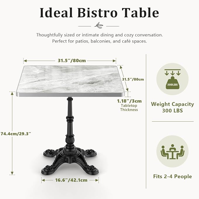 31.5" Outdoor Dining Table, Square Bistro Table w/Sintered Stone Tabletop | and Cast Iron Base, Weather Resistant Anti-Rust Small Bistro Table for 2-4 for Outdoor Garden Café Use (Silver Gray)
