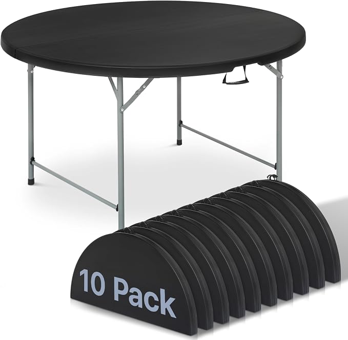 Magshion 48" Round Folding Table, 4 Feet Foldable Round Plastic Table Dining Card Table for Indoor Outdoor Wedding Party, Black, 10 Pack