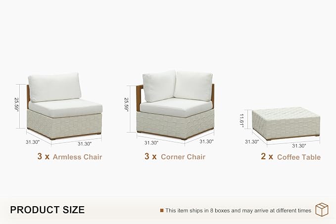 PURPLE LEAF Patio Conversation Sets 8 Pieces, Premium Leather Outdoor Couch Sectional Sofa, L-Shaped Patio Outdoor Furniture Set with Olefin Cushions, Patio Couch for Porch, Balcony, Garden, White