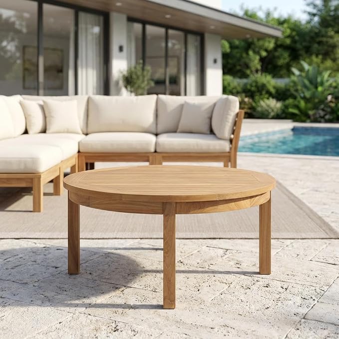 Brown Outdoor Patio Teak Round Coffee Table, 40 Inch Diameter Solid Wood Center Table, Lightweight Design for Garden Deck Backyard Seating