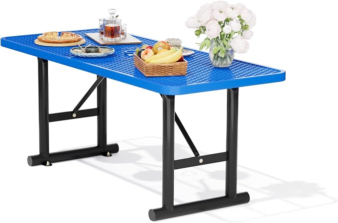 6FT Metal Picnic Tables for Outdoors, Commercial Rectangular Picnic Table for Outside, Park, Campfield, Patio, Garden, Yard, Thermoplastic Coating, Surface Mounted, Blue