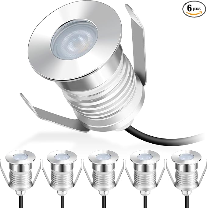 Outdoor Recessed LED Lights, 1 Watt Soffit & Deck Riser Lighting Flush Mount, 12V-24V Low Voltage Landscape In Ground Well Light, IP67 Waterproof, 5000K Daylight White, 6 Pack