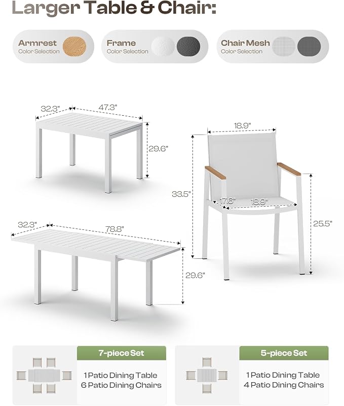 Outdoor Aluminum Patio Dining Table Set for 6 Person, Expandable Outdoor Table and 6 Chairs with Textilene Fabric & HDPS Armrest, All-Weather Patio Furniture Set for Yard, Garden, White