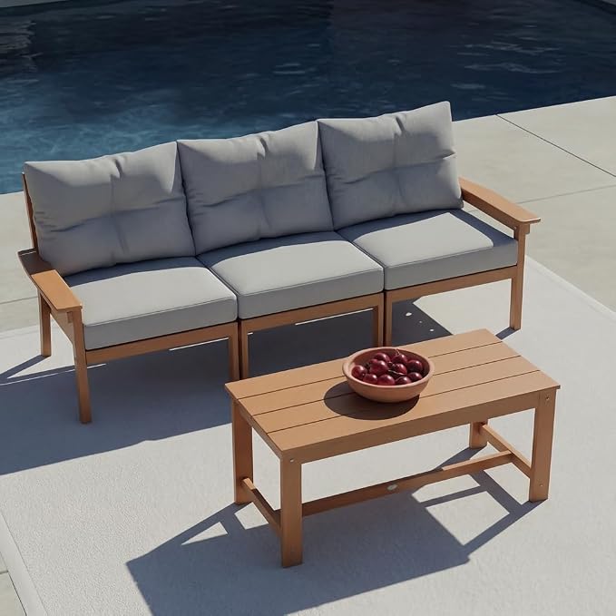 Teak HDPE Patio Sofa Set, 4-Piece Sectional Outdoor Patio Furniture Set, All Weather Outdoor Couch Set with Coffee Table & Washable Thick Cushions for Balcony, Porch, Poolside