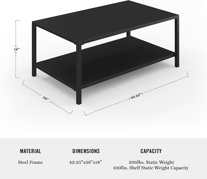 Martha Stewart Lily Pond All-Weather Patio Coffee Table with Lower Display Shelf and Steel Frame in Black