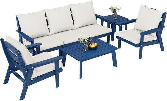 FOOWIN 7-Piece Patio Furniture Set, HDPE All-Weather Outdoor Conversation Set with Thick Cushions, Sectional Patio Sofa Furniture for Deck, Porch, Lawn, Garden, Navy Blue Frame & White Cushion