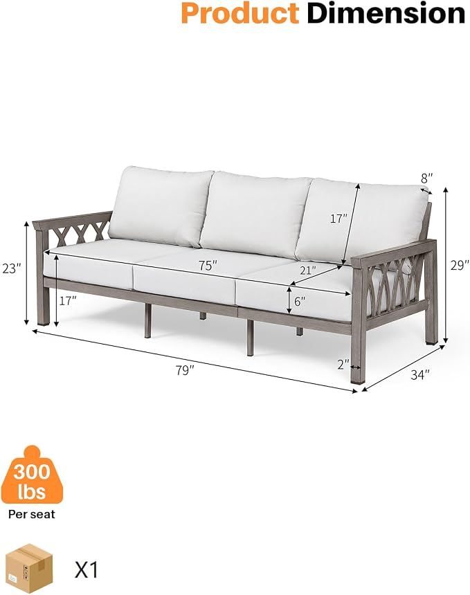 Outdoor Aluminum 3-Seat Sofa, Patio Couch with 5.9'' Thick Cushions, Weather-Resistant Outdoor Club Sofa Couch, Modern 3 Seats Outside Sofas Furniture for Garden, Porch, Balcony, Limed Oak