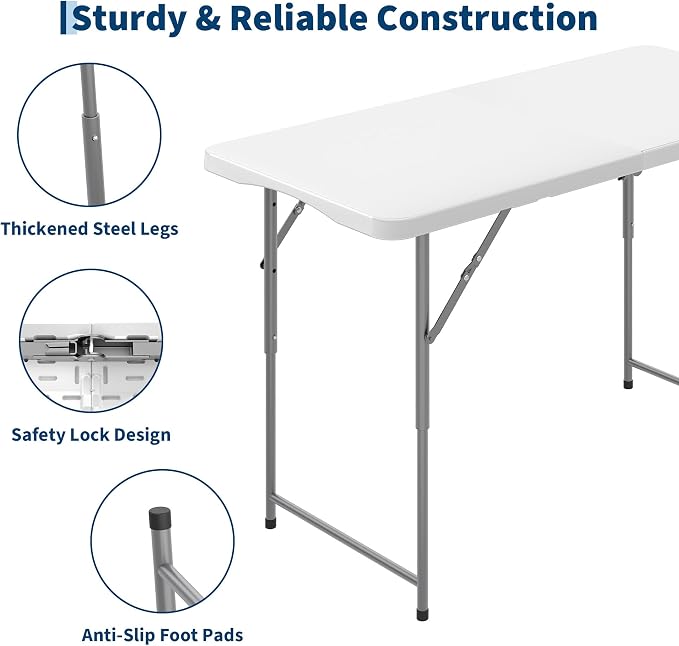 Garvee 4ft Folding Table HDPE Foldable Table with Carrying Handle 3 Adjustable Height Settings Metal Frame Support Up to 400LB Portable for Picnic Camping Party Indoor & Outdoor Use, 1 Pack White