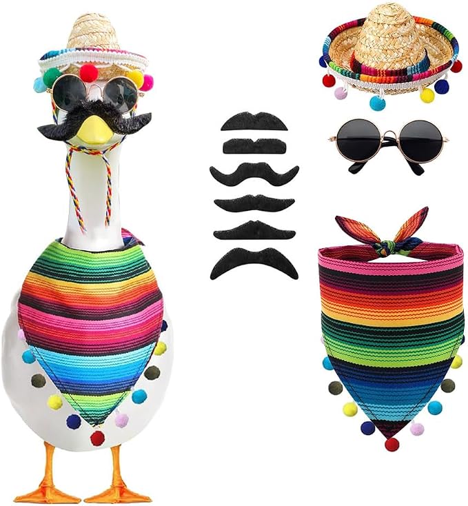 9pcs Mexican Porch Goose Outfit,Lawn Goose Statue Costume | for 17"/23" Statue Patio Lawn Garden Decoration,with Mexican Sombrero Bandana Scarf Beard Glasses