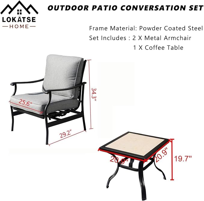 LOKATSE HOME 3 Piece Outdoor Furniture Set with 2 Patio Bistro Conversation Chairs and 21 inch Square Dining Table, Grey