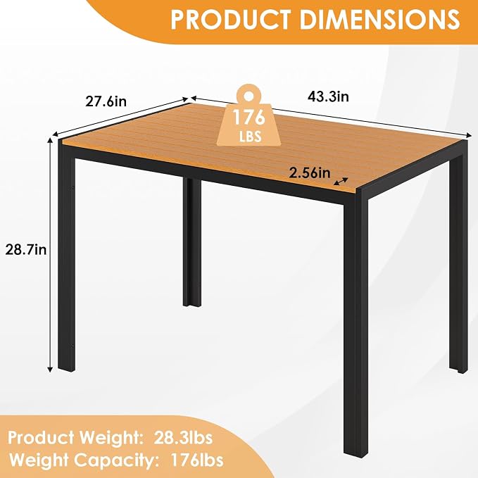 TLSUNNY Outdoor Dining Table 43×28in，Rectangle Patio Dining Table with Aluminum Frame & WPC Tabletop, Weather Resistant, Ideal for Patio, Garden, Porch, Brown