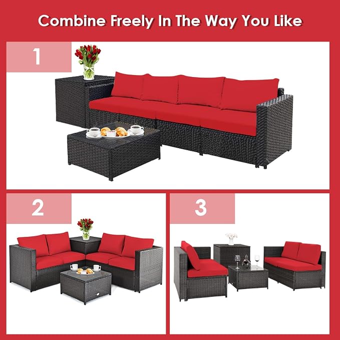 DORTALA 4-Piece Outdoor Patio Furniture Set, Weather Resistant PE Rattan Conversation Set with 2 Loveseats, Outdoor Sectional Sofa Set with Comfy Cushions for Garden and Poolside, Red