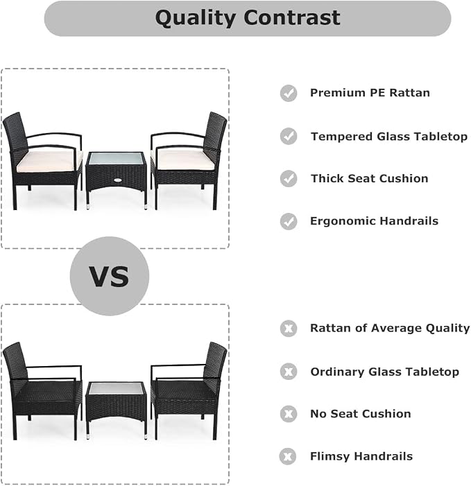 COSTWAY 3 PCS Patio Wicker Conversation Set, PE Rattan Sofa with Tempered Glass Coffee Table, 2 Chairs, 2 Cushions, Outdoor Patio Furniture Set for Yard Porch Bistro Balcony Backyard Pool, White