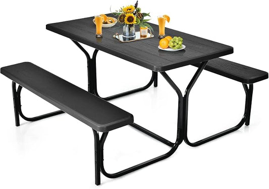 DORTALA Plastic Picnic Table for Outdoors, All Weather Faux Wood Patio Picnic Table Set with Benches for Outdoor, Cafeteria and Commercial, Black