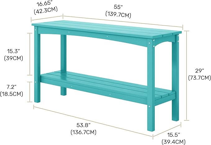 Costaelm Adirondack Outdoor Side Table, 55” HDPE Small Outside Table with Storage Shelf, Weather Resistant Plant Shelf, Outdoor Coffee Table and Buffet Table for Pool & Yard, Turquoise