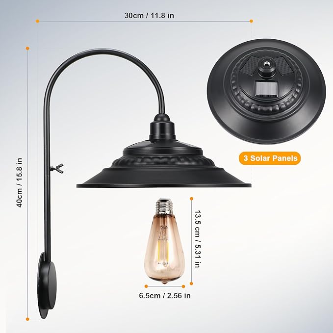 Solar Barn Lights Upgrade, 2PCS Waterproof Wall Light Fixture, Rustic Vintage Metal Gooseneck Solar Wall Mount Lights with Gold Interior, for Outdoor Barn Shed Garage Porch (Black)