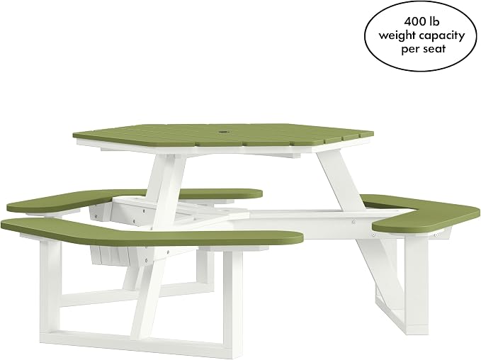 Shoreline Made in USA Hexagon Picnic Table, Seating for 6, White with Palm Green