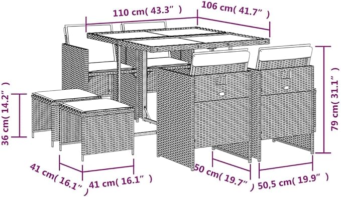 9-Piece Black PE Rattan Patio Dining Set with Cushions | Space-saving cube design includes 4 chairs, 4 stools, and 1 tempered glass table for compact outdoor dining.