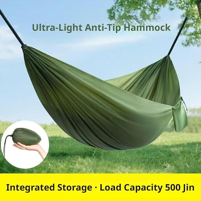 Camping Hammock Lightweight Portable Double Swing with 2 Tree Straps, Heavy Duty Parachute Nylon Bed for Backpacking Hiking Beach, Outdoor Essentials for Backyard Patio Camping Gear (Green)