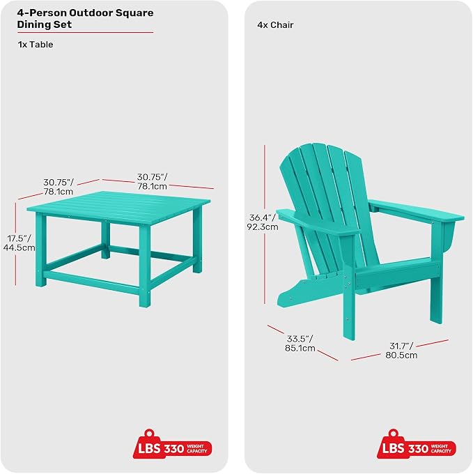Costaelm Patio Conversation Set, Patio Chairs Set of 5 Balcony Firepit Furniture Outdoor Adirondack Square Table and Chair Backyard Furniture Set for Lawn Porch Pool Garden, Turquoise