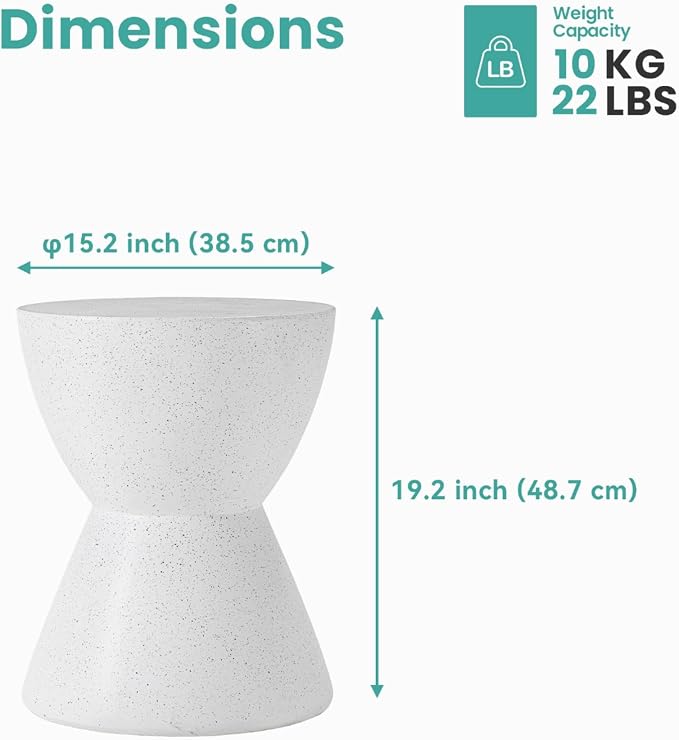 SUNBURY Outdoor Side Table Concrete, 19" H Outdoor End Tables Geometric Hourglass Shaped, Lightweight Round Accent Table, Decorative Modern Garden Stool for Patio, Backyard, Spotted White