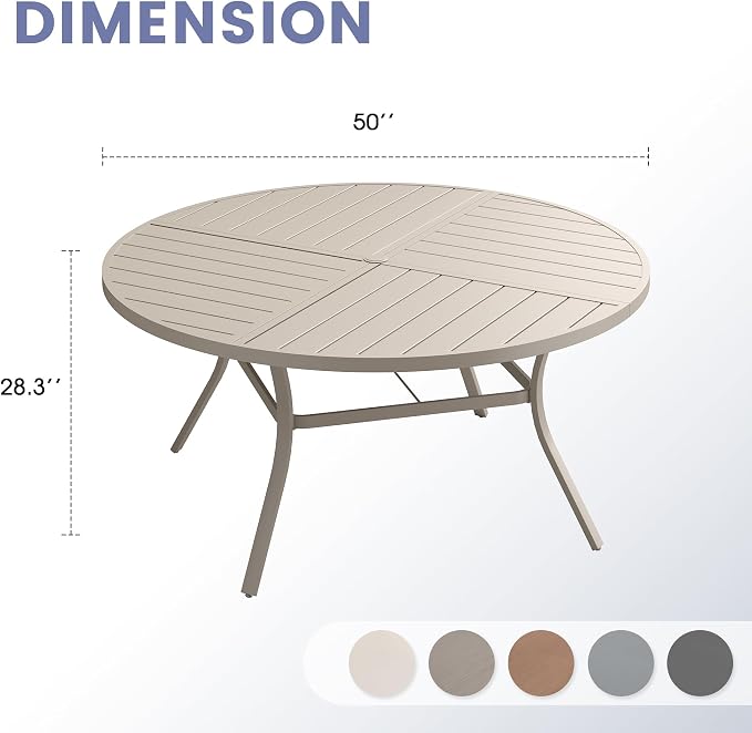 VICLLAX 50" Round Outdoor Table, Patio Dining Table for 6 with Umbrella Hole for Garden Lawn Deck Backyard, Sandshell