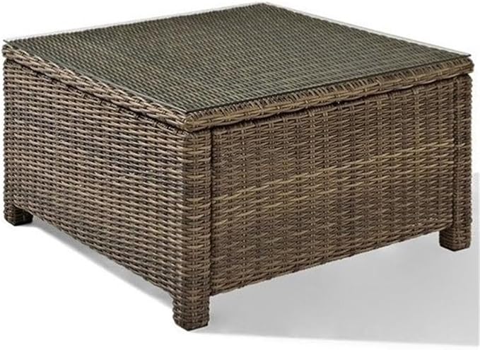 Pemberly Row 32" Square Patio Coffee Table, Glass Top, Brown Finish, PE Wicker and Steel Frame, Weather-Resistant Outdoor Table for Patio or Deck
