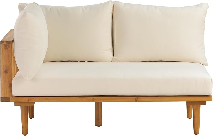 Christopher Knight Home Flynn Acacia Wood Patio Furniture Set, 6-Seater L-Shaped Sectional Sofa Set and Small Coffee Table, Outdoor Conversation Set for Backyard Poolside Balcony, Natural+Beige