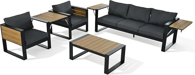 JIVOIT 4-Piece Outdoor Patio Furniture Set for 5 Person, Large Aluminum Frame Conversation Set with 3-Seater Sofa, 2 Armchairs with Fold-Out Side Tables, Modern Garden/Patio Seating, All-Weather Use