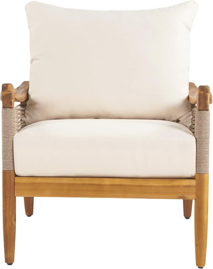 Christopher Knight Home Heidi Acacia Wood 5 Piece Patio Furniture Set 7-Seater Outdoor Loveseat, 3-Seater Sofa, Club Chairs and Coffee Table, Patio Conversation Set With Woven Rope Accents, Teak+Beige