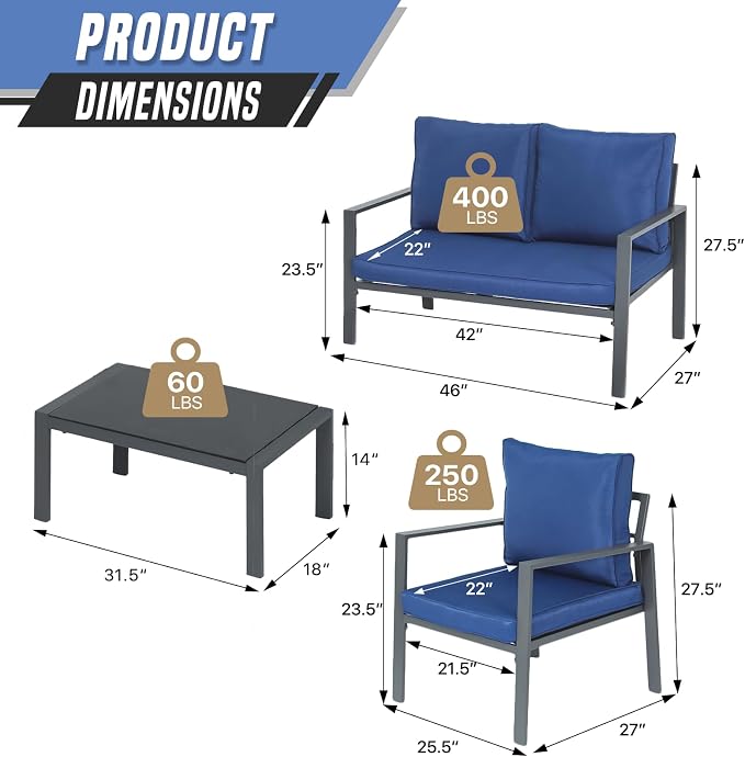 4-Piece Outdoor Patio Furniture Set, Steel Frame Patio Conversation Set with Tempered Glass Side Table for Garden Yard Poolside
