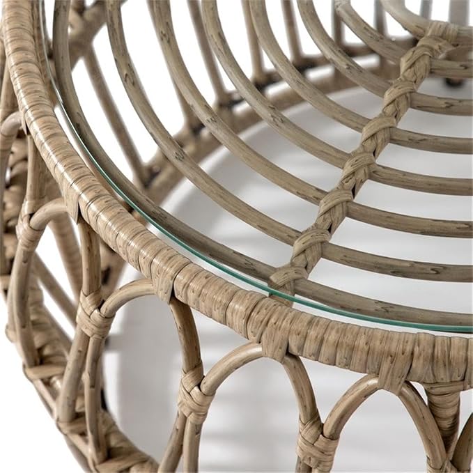 MAKLAINE Round Outdoor Coffee Table, Natural Finish, PE Wicker Rattan with Tempered Glass Top, 21.65" Diameter x 15.75" Height, Boho Coastal Style, Durable Patio or Indoor Furniture