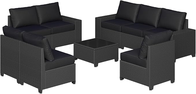 Aoxun Patio Furniture Set, 9 Pcs Outdoor Patio Furniture Sets with 4 in Thicken Cushion, Widen Armrests Wicker Outdoor Sectional for Backyard & Garden, Black