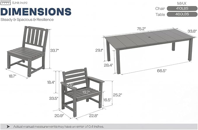 Perli™ 7-Piece Outdoor Dining Set, All-Weather HDPE Patio Table and 6 Chairs with Umbrella Hole, UV-Resistant Composite Wood Dining Furniture for Deck, Backyard, Poolside, Grey