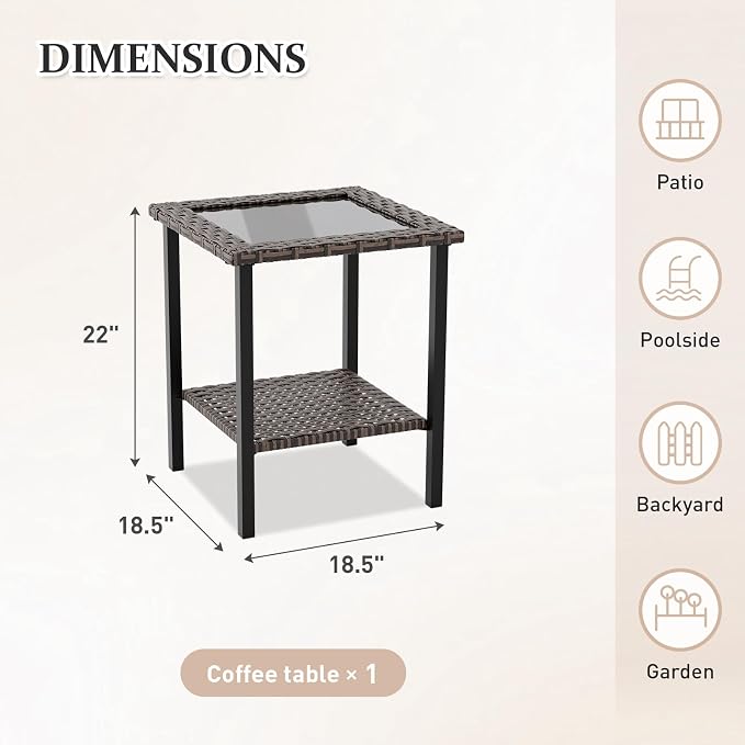 Canyon Ridge Outdoor Side Table, Tempered Glass Top Wicker Square Small End Table for Deck, Porch, Balcony, Garden and Backyard, Brown