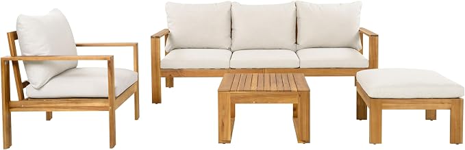 KLMM Outdoor 4pcs Acacia Sectional Patio Sofa Set with Cushions,for Patio Balcony Garden (Beige+Grey,Teak-PS)
