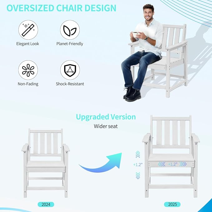 Outdoor Chairs All-Weather Patio Dining Chair with Backrest and Armrest, 300 LBS Support HDPE Outdoor Patio Furniture Chairs for Garden, Deck, Porch, White