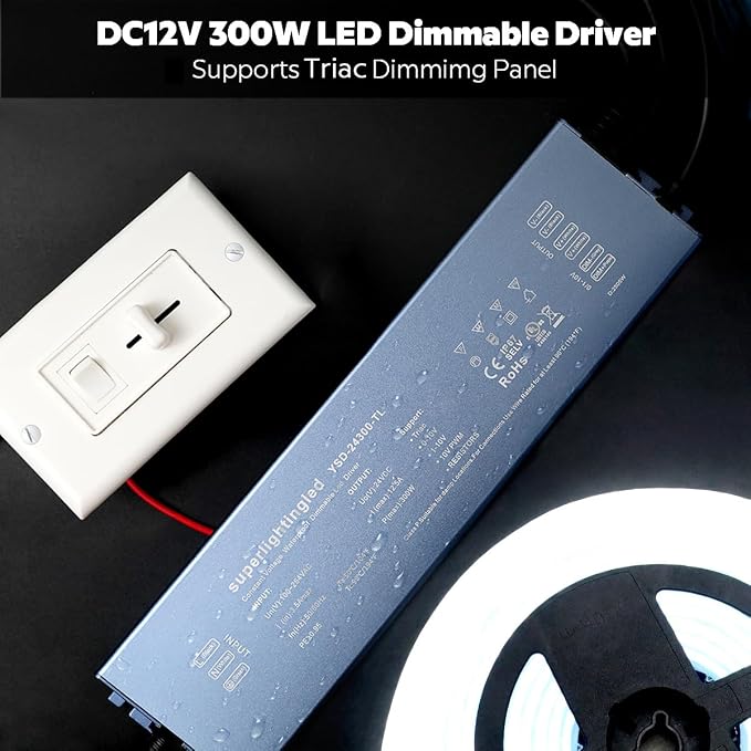 12VDC 300W 0/1-10V & TRIAC Dimmable LED Driver, UL-Listed IP67 Waterproof Power Supply, 110V AC to 12V Low Voltage Transformer for LED Strip Lights, Landscape, Underwater, Fountain & Wall Wash Lights