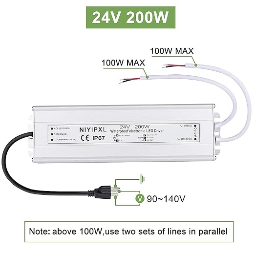 LED Driver 200 Watts 24V DC Low Voltage Transformer， Waterproof IP67 LED Power Supply, Adapter with 3-Prong Plug 3.3 Feet Cable for Any 24V DC led Lights, Computer Project, Outdoor Light
