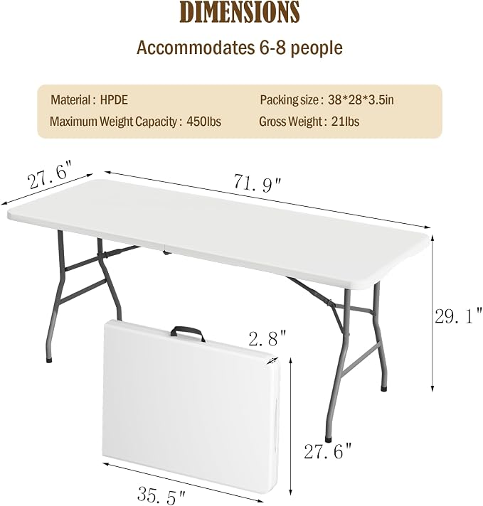 6FT Folding Picnic Table for Outdoor, No Assembly Required Portable, White Foldable Table for Camping, Parties, with Carrying Handle (White, 1 Pack)