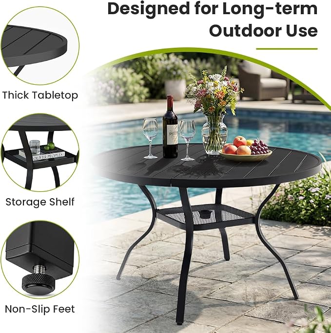 47.2 Inch Outdoor Dining Table for 6 – E-Coating Metal Round Patio Table with Adjustable 1.57" Umbrella Hole, All-Weather Table for Porch, Garden, Backyard, Poolside, Lawn