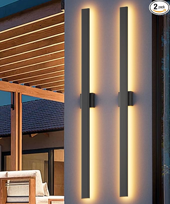 Aipsun 2 Packs Outdoor Wall Sconce, 3000K 4000K 6000K, 56.3in Modern Black Exterior Light, Long LED Linear Wall Light Outside Lighting for Entrance, Hallway, Garage, Porch(3CCT)