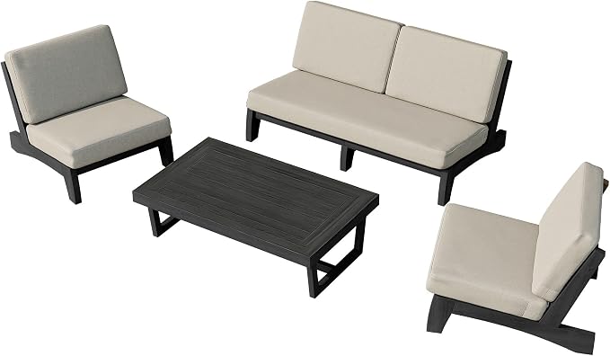 4 Piece Teak Outdoor Patio Frutnire Set, 5 Seater Patio Conversation Sets with Thick Cushions, Outdoor Sectional Furniture with Coffee Table - Light Camel