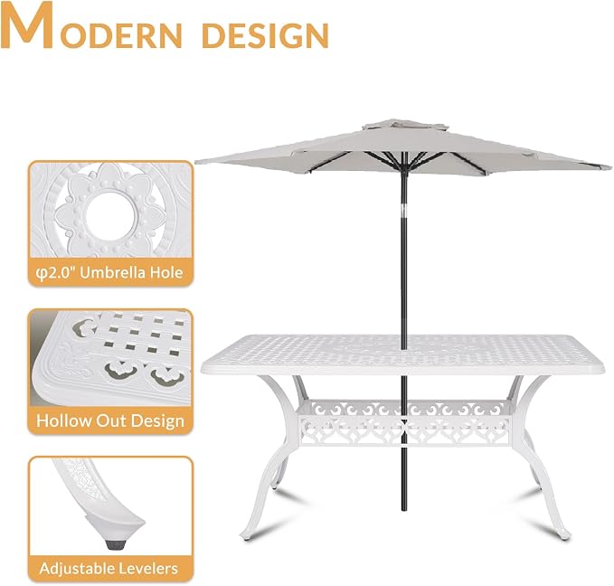 7-Piece Outdoor Patio Dining Set, 60” Rectangular Cast Aluminum Dining Table with Umbrella Hole and 6 Outdoor Dining Chairs, Patio Funiture Set for Backyard, Patio, Garden, White