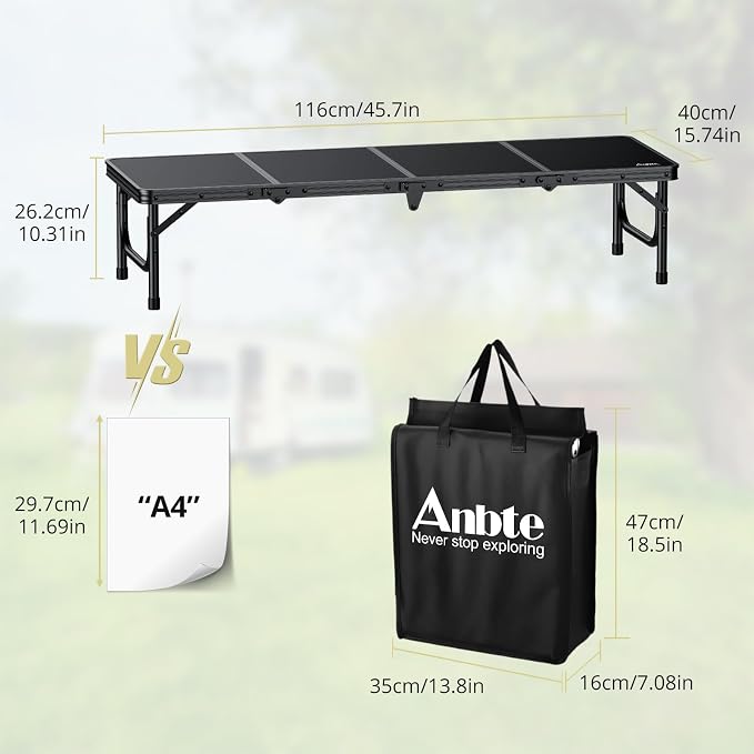 Anbte 4ft Low Folding Picnic Table, Thicker Aluminum Small Camping Table with Storage Bag, Portable Handle, Lightweight, for Camping Beach Party Picnic Floor, 45.67" x 15.7" x 10.3", Black