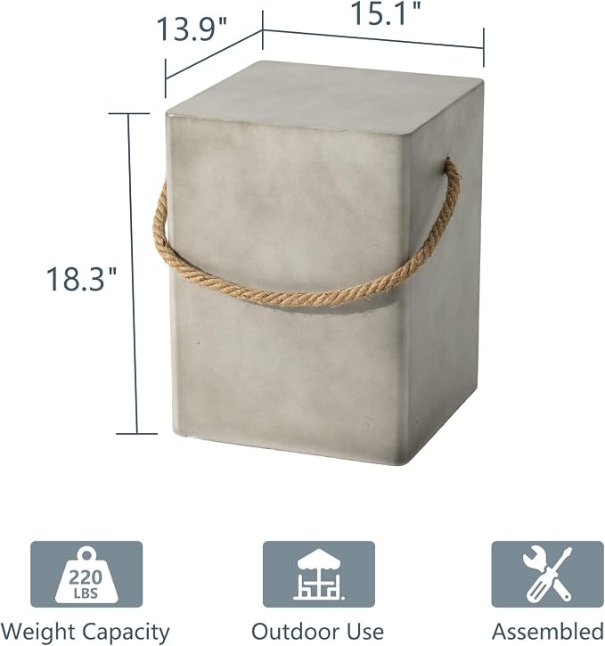 COSIEST Set of 2 Concrete Side Table, Rectangular Outdoor Side Table w Hemp Rope Handles,15''Patio Side Tables End Table, Outdoor Accent Side Table for Garden and Patio, Grey