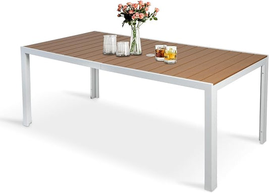 Dporticus Outdoor Dining Table for 6-8 Person, 71” Rectangular Patio Table with 1.6” - 2” Adjustable Umbrella Hole and Wood Like Tabletop for Outside or Indoor, Brown and White