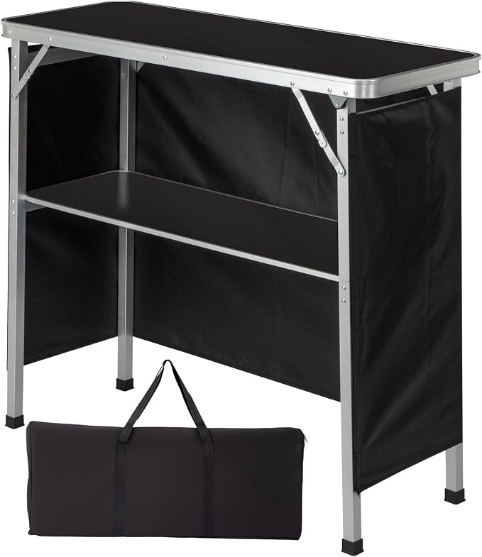 Portable Outdoor Bar Table - Folding Camping Table 2-Tier Shelves with Carrying Case, Storage Shelf & Black Skirt, Tradeshow Podium Table for Events, Camping, Party, Picnic, Exhibition - Black